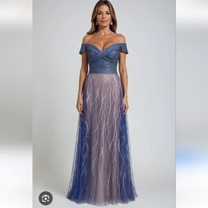 Rene Ruiz Collection Banded Off The Shoulder Metallic Tulle Gown